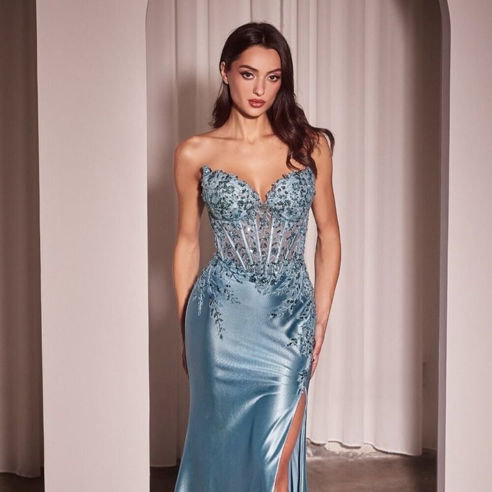 NEW FORMAL SLEEVELESS MAXI STRAPLESS SHEATH SATIN DRESS W/ V-NECKLINE CD KV1112